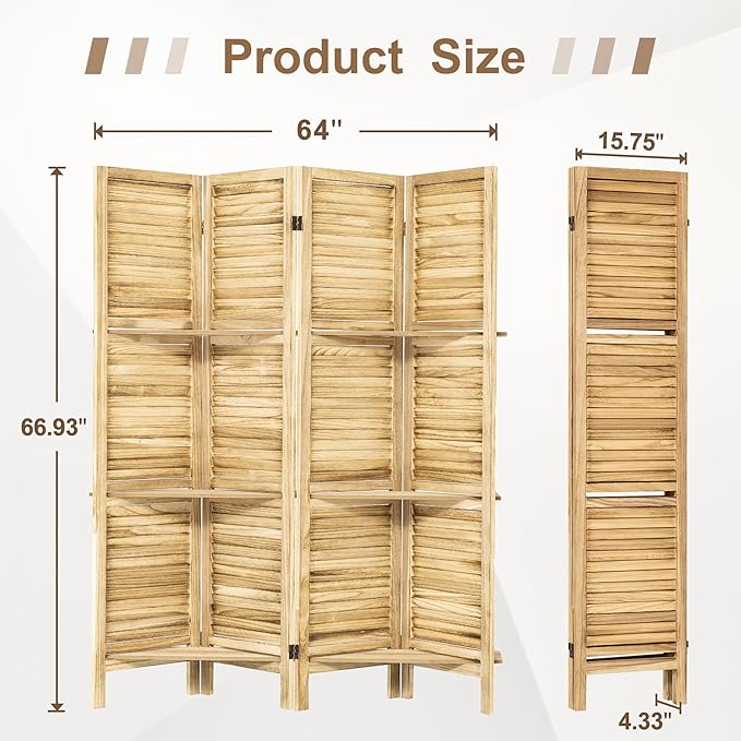 Osparple Room Divider with Shelves 4 Panel Wooden Folding Room Dividers Privacy Screen Wall Divider for Room Separation for Office and Apartment, Natural