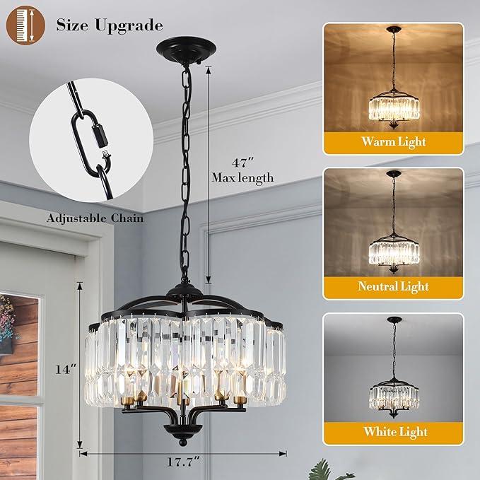 Modern Crystal Chandelier for Dining Room - Adjustable 5 Lights Black Farmhouse Pendant Light Fixture Hanging for Foyer Bedroom Living Room Hallway Kitchen