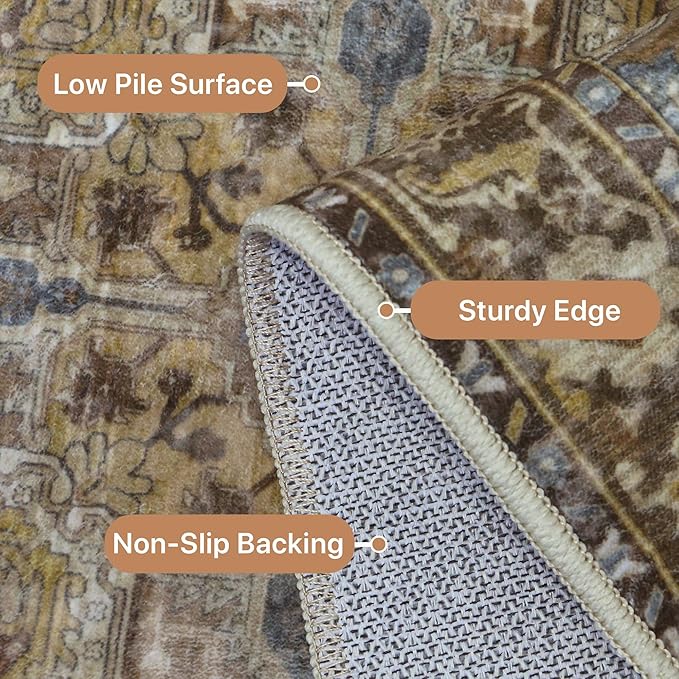 GENIMO 10x14 Area Rugs for Living Room, Machine Washable Non Slip Vintage Rugs, Low Pile Lightweight Chenille Print Rug for Bedroom, Dining Room, Home Office, Rustic Brown