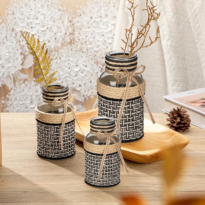 Hollyone 3Pcs Flower Vase Glass Vase with Cotton Rope Cover Woven Glass Vase Decorative Flower Bottle Modern Vase for Table Centerpiece Farmhouse Wedding Home Decor Black & White