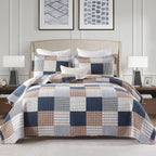 PANGUSHAN 100% Cotton Quilt Set Queen Size, Patchwork Plaid Queen Quilt Bedding Set Bedspreads, Farmhouse Lightweight Comforter Reversible Quilt, Navy/Brown/White Bed Spread for Queen Bed, 3 Pieces