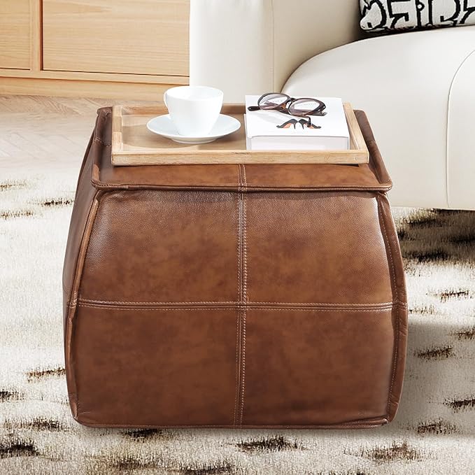 Genuine Leather Square Pouf Ottoman Footstool for Living Room, Bedroom, Indoor (Brown)