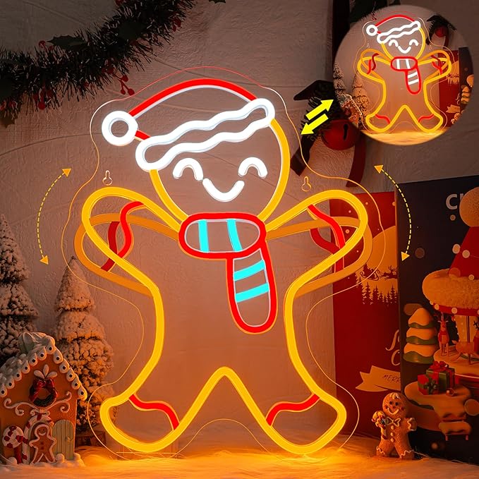WLHOPE Gingerbread Man Neon Sign Santa Hat Neon Signs For Wall Decor Gingerbread Christmas Decorations Led Lights For Party Bar Club Bedroom Living Room Restaurant Shop Gifts USB Powered 16.14x12.6in
