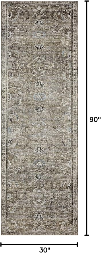 Loloi Layla Collection LAY-13 Antique/Moss 2'-6" x 7'-6" .13" Thick Runner Rug, Soft, Durable, Vintage Inspired, Distressed, Low Pile, Non-Shedding, Easy Clean, Printed, Living Room Rug