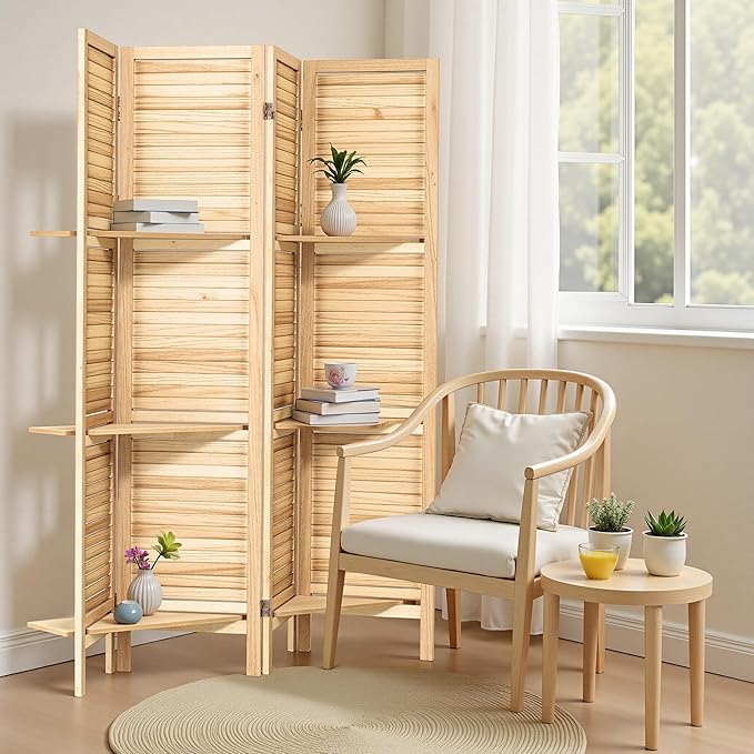 Osparple Room Divider with Shelves 4 Panel Wooden Folding Room Dividers Privacy Screen Wall Divider for Room Separation for Office and Apartment, Natural