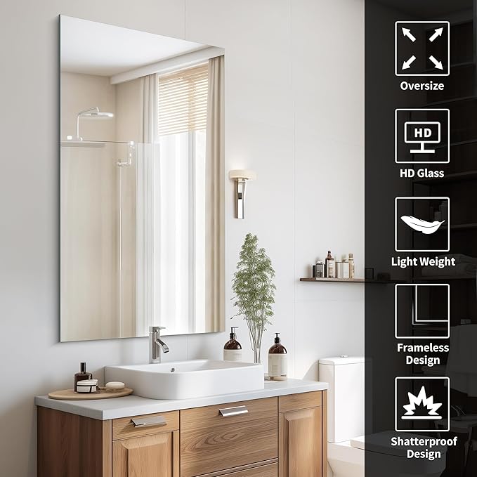 Frameless Mirror, 30x55 Inch Rectangle Bathroom Mirrors for Wall, Upgraded Shatterproof Large Vanity Mirror Over Sink with Polished Edge for Bathroom,Bedroom,Living Room and Entryway