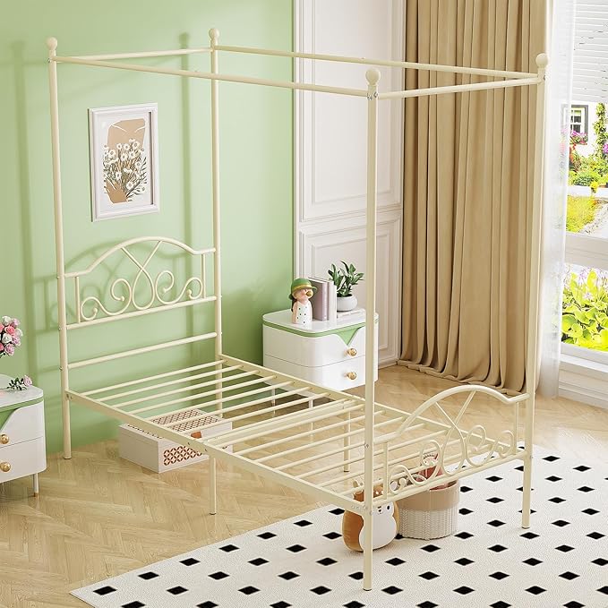 Weehom Princess Canopy Bed Frame with 4 Posters, Sturdy Metal Platform with Headboard&Footboard No Box Spring Needed Twin Size Bed for Kids Girls Adults,Beige White