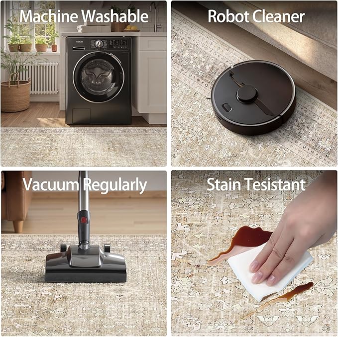 DCX Machine Washable Brown and Beige Area Rug 8x10, Non Slip Stain Resistant Vintage Rug for Living Room Diningroom Bedroom Nursery, Soft Low Pile Large Carpet