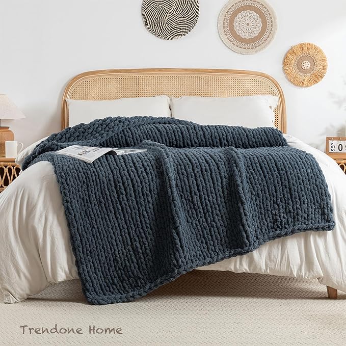 Chunky Knit Blanket Throw, 100% Hand Knit Throw Blanket Handmade Chenille Cable Knit Throw for Couch, Stylish Cozy Soft Rope Knot Crochet Blanket for Home Decor, Blue Mirage, 50x60 Inches