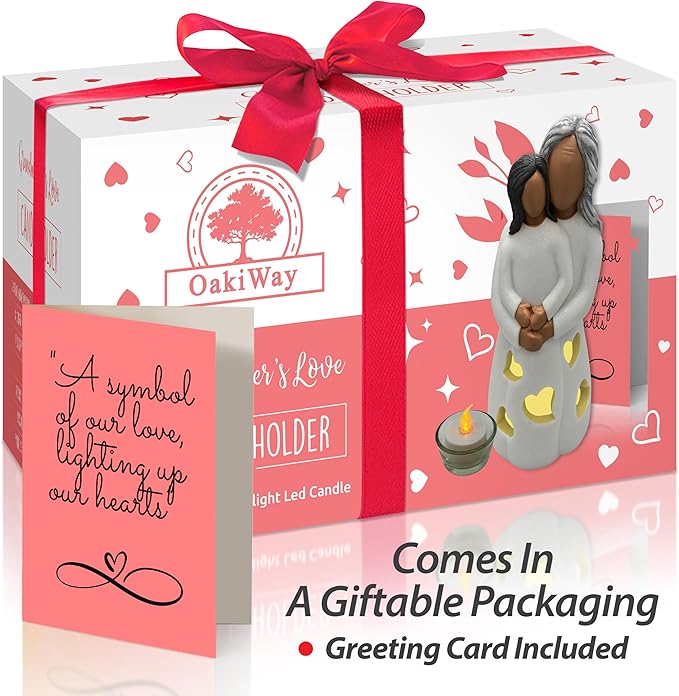 Grandma-Granddaughter Hand-Painted Candle Holder Statue W/Flickering LED Candle | Unique Nana Present Ideas for Christmas, Gigi Grandmother Birthday Gift, Greeting Card Included (Dark)