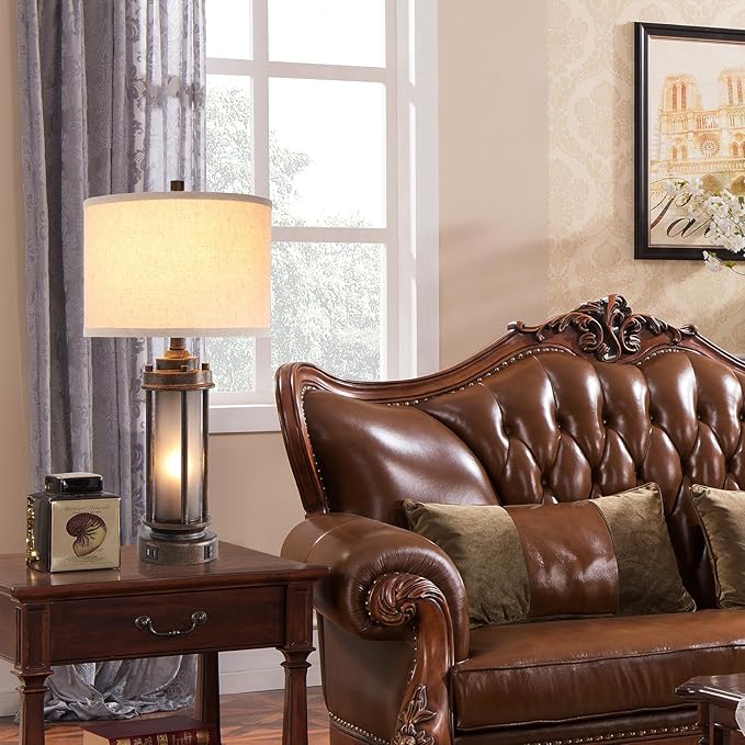 25'' Farmhouse Table Lamp with 2 USB Charging Ports, Rustic Vintage Nightstand Lamp with Frosted Glass Nightlight, Retro Desk Lamp for Living Room Bedroom End Table Entryway, 2 Bulbs Included