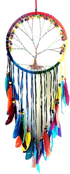 OMA Chakra Rainbow Dream Catcher, Tree of Life Design with Feathers and Beads, Rainbow Suede Authentic Traditional Dream Catcher Boho Home Decor - Large Size - 36" Long x 11" Diameter (Rainbow)