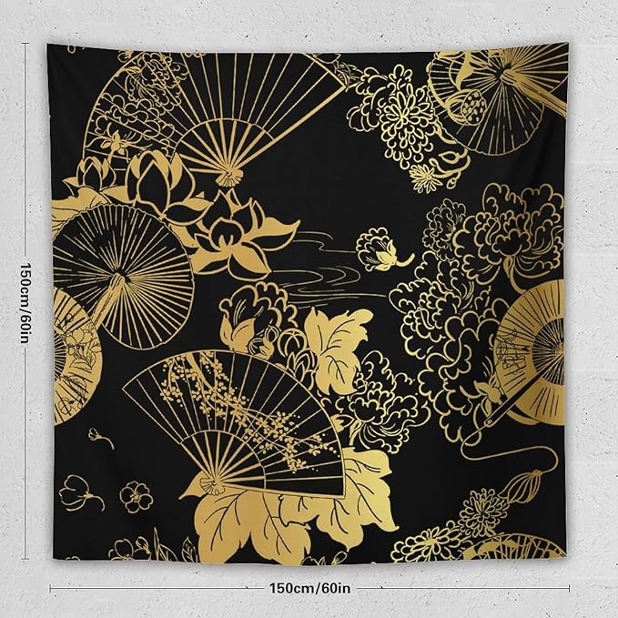 HZOHNAGO Japanese Tapestry Gold Flowers Umbrella Fan Pattern Printed Wall Tapestry Painting Wall Hanging for Bedroom Living Room Dorm 60" W x 60" H