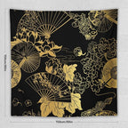 HZOHNAGO Japanese Tapestry Gold Flowers Umbrella Fan Pattern Printed Wall Tapestry Painting Wall Hanging for Bedroom Living Room Dorm 60" W x 60" H