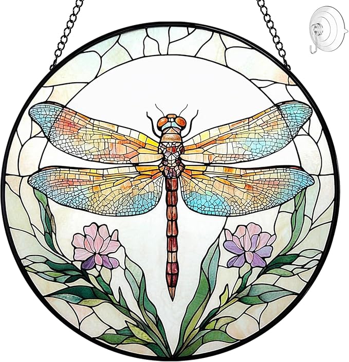 Dragonfly with Flower Suncatcher Stained Glass Window Hanging - 8” Stained Glass Suncatchers for Windows - Sun Catchers Indoor Window Catcher with Hooks and Chain - Birthday Gifts for Mom Grandma