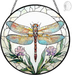 Dragonfly with Flower Suncatcher Stained Glass Window Hanging - 8” Stained Glass Suncatchers for Windows - Sun Catchers Indoor Window Catcher with Hooks and Chain - Birthday Gifts for Mom Grandma