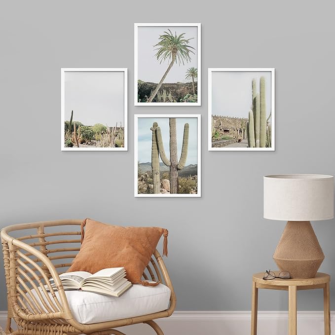 SIGNWIN Framed Tropical Palm Tree Saguaro Cactus Wall Art, Set of 4 Desert Landscape Wall Decor Prints, Nature Wilderness Wall Décor for Living Room, Bedroom Black - 12"x16" White