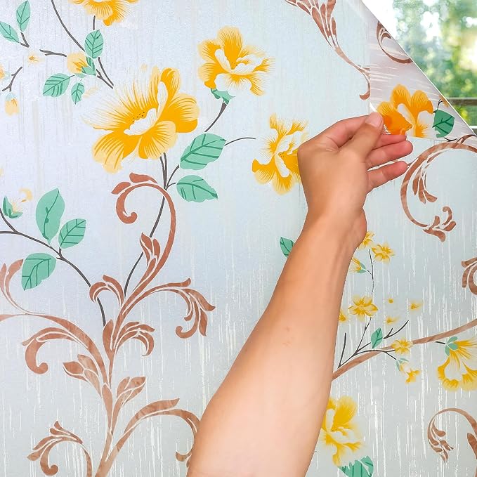 Volcanics Stained Glass Window Film, Frosted Glass Window Privacy Film, Decorative Window Clings, Floral Design Static Cling Sun Blocking Tint for Bathroom, 17.5 x 78.7 Inch