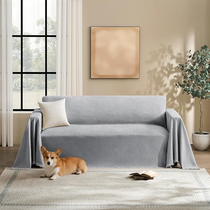 Couch Cover for Dogs Sectional Sofa Covers Washable for 3 Cushion Couch, Chenille Couch Cover Blanket, Sectional Sofa Slipcovers, Multi-Use Furniture Protector for Kids, Pets, 71" X150", Light Grey