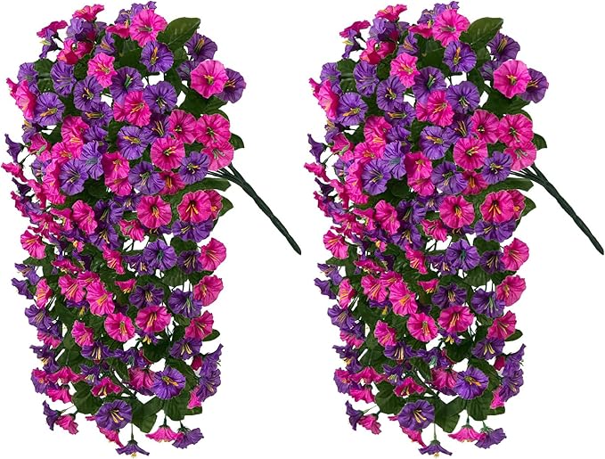 HyeFlora Artificial Fake Hanging Flowers Plants for Outdoor Outside, 2PCS Faux Silk Morning Glory Trailing Vines UV Resistant Look Real for Home Planter Porch Patio (Dark Purple and Fuchsia)
