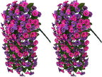 HyeFlora Artificial Fake Hanging Flowers Plants for Outdoor Outside, 2PCS Faux Silk Morning Glory Trailing Vines UV Resistant Look Real for Home Planter Porch Patio (Dark Purple and Fuchsia)