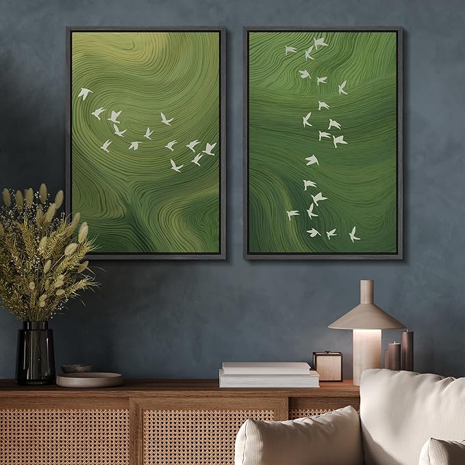 SIGNFORD Framed Canvas Print Wall Art Set Green Swirl Abstract White Birds Illustration Modern Art Decorative Nordic Nature for Living Room, Bedroom, Office - 24"x36"x2 Black