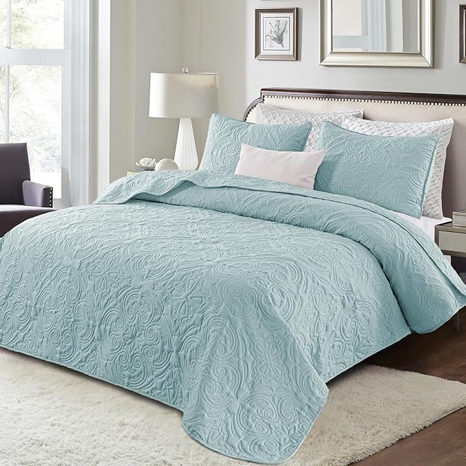 Exclusivo Mezcla Quilts King Size Bedspread with 2 Pillow Shams, Lightweight Light Blue King Quilt Bedding Set with Vintage Damask Pattern, Soft Bedspreads Coverlets for All Seasons