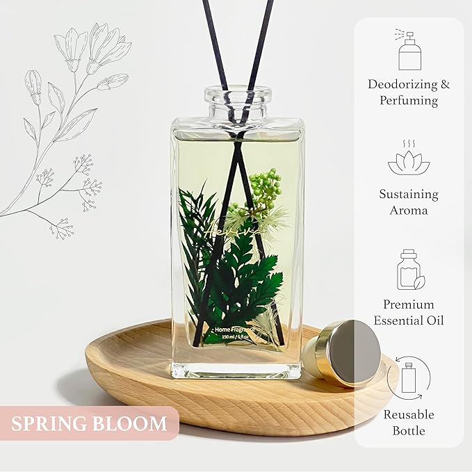 Reed Diffuser Set, 5 fl oz Spring Bloom Scented Oil Diffuser, Home Fragrance with Cotton Reed Sticks for Bedroom, Office, Bathroom Shelf Decor & Gifts