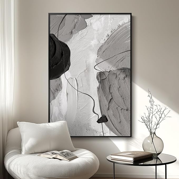 Large Framed Black and White Modern Abstract Vertical Wall Art for Living Room, Canvas Prints Paintings Artwork for Walls, Minimalist Gray Pictures for Hallway Stair Office Wall Decor 40x60 In
