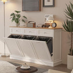 30 Gallon Tilt Out Trash Cabinet, Wooden Kitchen Trash Can Cabinet with Hideaway Drawer, Freestanding Laundry Hamper Garbage Recycling Cabinet on Wheels, Pet Proof, Triple, White