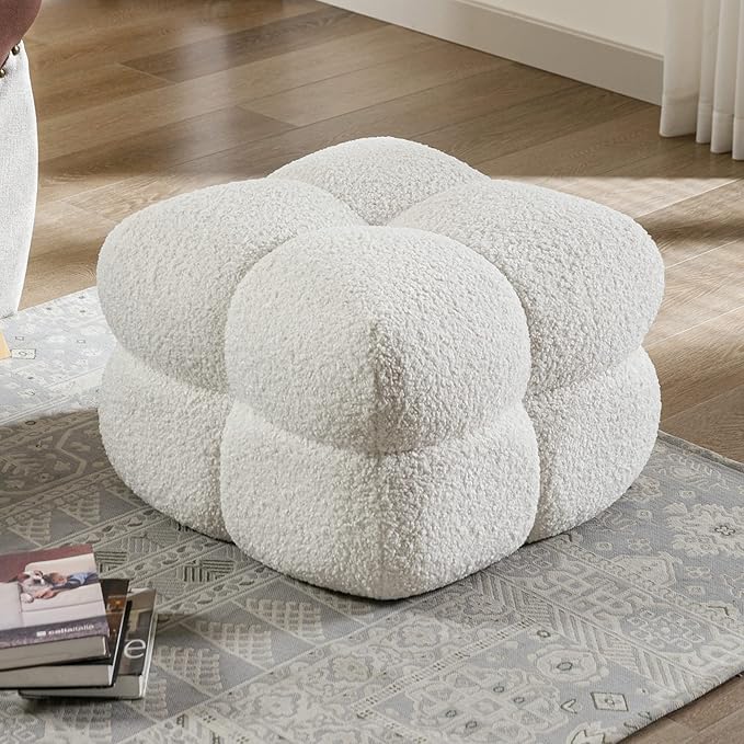 ONEVOG 21" Cream White Modern Ottoman, Square Fuzzy Couch Sherpa Pouf Ottoman, Tufted Fluffy Boucle Fabric Foot Stools, Upholsered Footrest & Coffee Table for Living Room Bedroom, Cute Pouf Home Decor