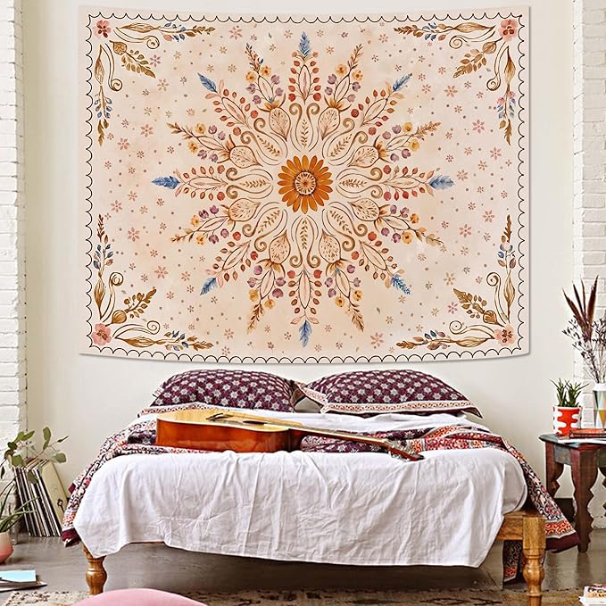 Fowocu Boho Floral Mandala Tapestry for Bedroom Aesthetic Watercolor Bohemian Flower Wall Tapestry Brown Beige Hippie Indian Small Tapestries Wall Hanging for Living Room Dorm Decor 40 x 30 Inch