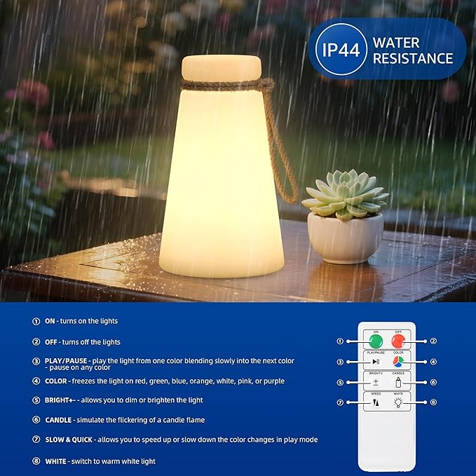 Portable Outdoor Table Lamp, Cordless Rechargeable Outdoor Table Lanterns RGB LED Lights with Remote, IP44 Water-Resistant Battery Operated Hanging Lamp for Patio Garden Camping Dining Room