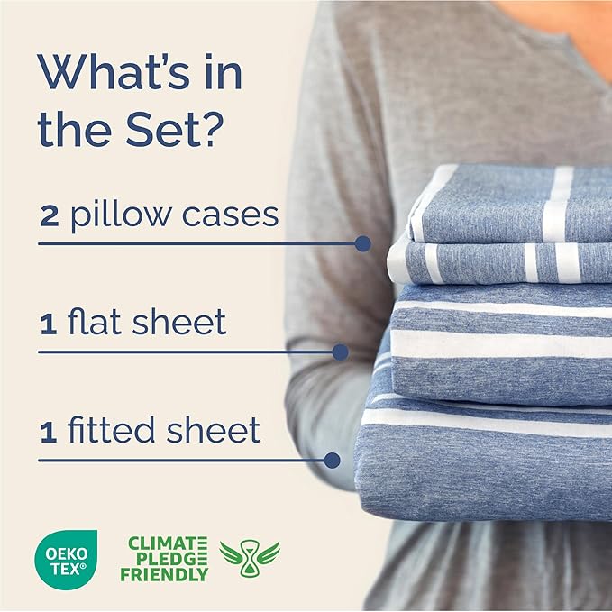 Full Size 4 Piece Sheet Set - Comfy Breathable & Cooling Bed Sheets Set - Hotel Luxury Bedding for Women, Men, Kids, Teens, Boys & Girls - Deep Pockets, Soft, Wrinkle Free - Oeko-Tex - Blue Stripes 3