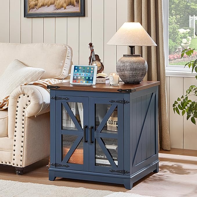 Farmhouse End Table with Charging Station Set 2, 24" Large Sofa Side Table with Glass Barn Door, Blue Nightstand with Adjustable Storage Shelf,Wood Square Bedside Table for Living Room,Bedroom