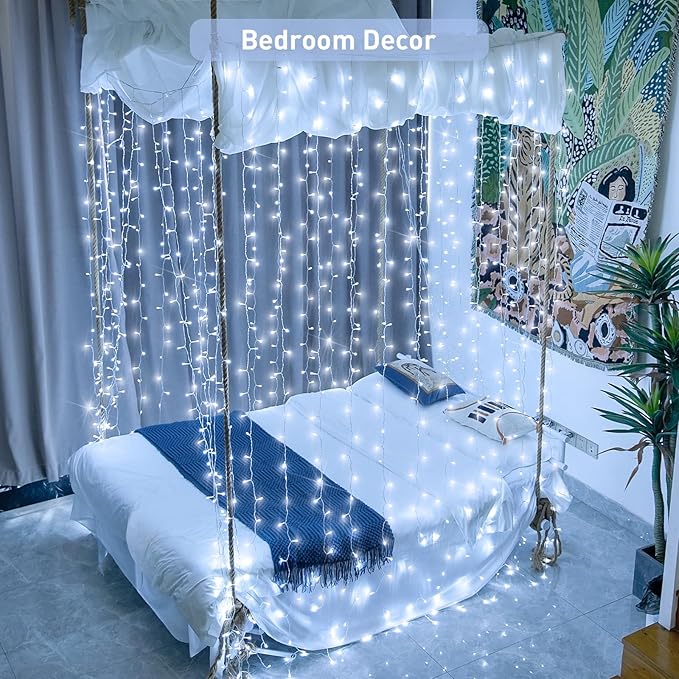 JMEXSUSS 300 LED 9.8x9.8Ft Curtain Lights Indoor with Remote, White Christmas Lights Plug in, 8 Modes White String Lights for Bedroom Wall Wedding Reception Dorm Party Backdrop Window Outdoor Decor