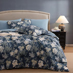 Full Comforter Set -7 Pieces Floral Navy Blue Comforter Set for All Seasons, Bed in a Bag Full with Botanical Flowers Comforter, Sheets, Pillowcases & Shams