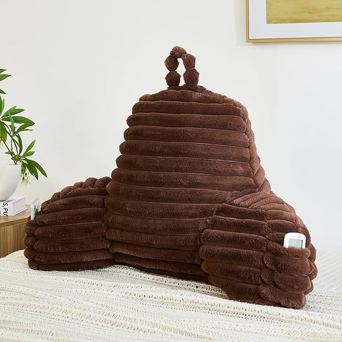 Faux Fur Fluffy Coffee Reading Pillow with Pockets, Luxury Striped Plush Decorative, Arm Rests and Back Surport for Bed Rest, Lounging on sofa, Large