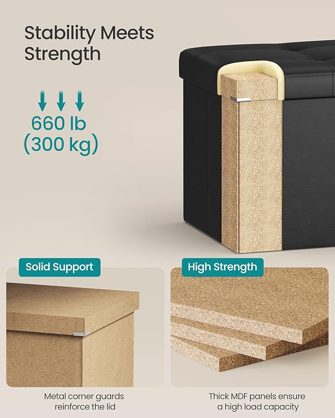 SONGMICS MAZIE Collection - 30 Inches Folding Storage Ottoman Bench, Ottoman with Storage, Foot Rest Stool, Load 660 lb, for Living Room, Synthetic Leather, Black ULSF105