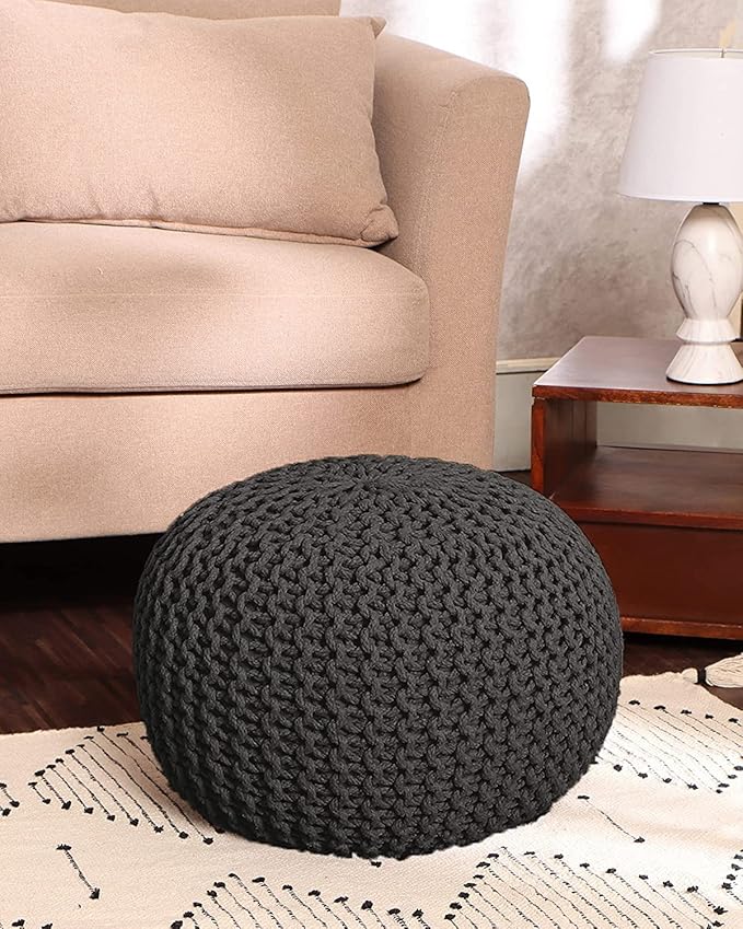 REDEARTH Round Pouf Foot Stool Ottoman - Cotton Hand Knitted Dori Pouffe - Cord Boho Home Décor - Stuffed Cable Poof for Living Room - Bedroom (19.5"x19.5"x14") - Dark Gray