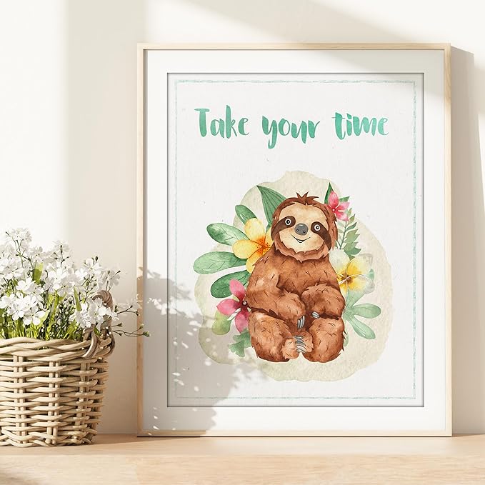 Sloth Art Prints (Set of 4) - Unframed - 8x10s | Perfect for Adding a Touch of Whimsy to Your Living Room, Bedroom, or Nursery | Ideal Wall Decor for Animal Lovers and Fans of Cute, Laid-back Decor