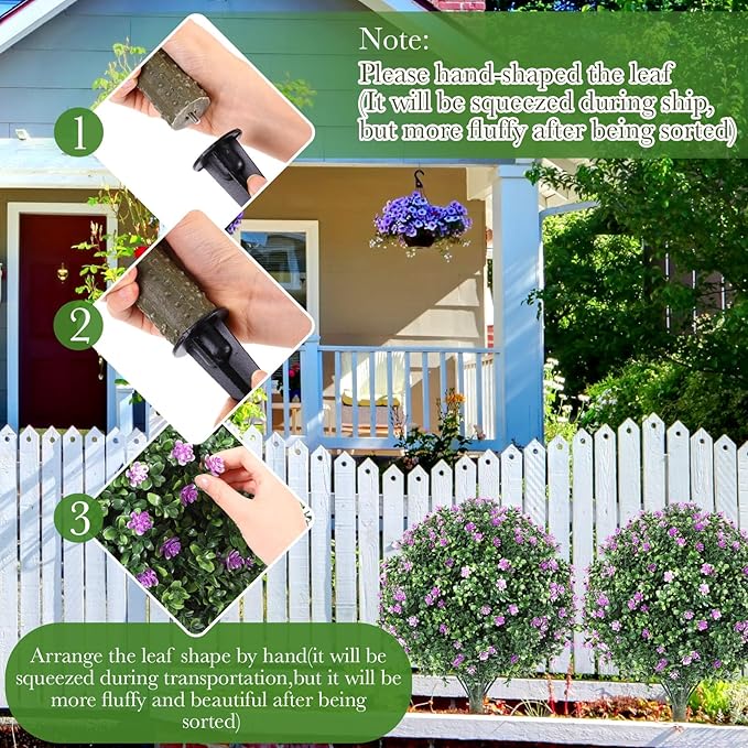 Yunlly Set of 2 Artificial Boxwood Topiary Ball Tree Fake Bushes Shrubs Outdoor Faux Plant with Ground Spike Flowers UV Resistance Greenery for Front Porch Garden Patio Indoor(Light Purple,27x18inch)