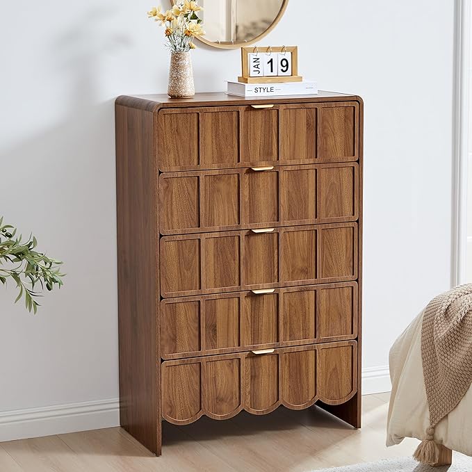 5 Drawer Dresser for Bedroom, Modern Closet Chest of Drawers with Wave Fluted Drawer, Wood Storage Small Dresser Organizer for Nursery Bedroom Living Room Hallway Closet (Walnut)