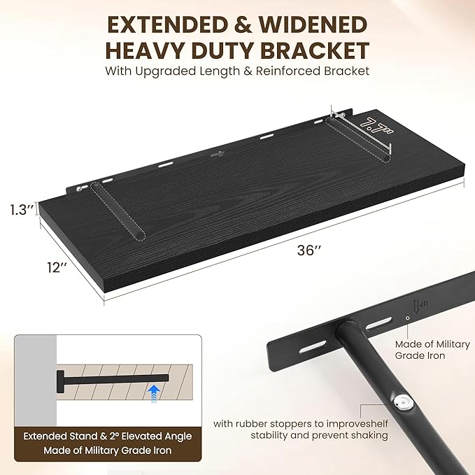 36" Floating Shelves for Wall, 12" Deep Slim Black Floating Shelves, Wall-Mounted Shelves for Bedroom, Living Room, Kitchen, Bathroom - Set of 2