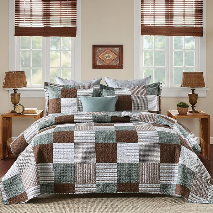 PANGUSHAN 100% Cotton Quilt Set King Size, Patchwork Plaid King Quilt Bedding Set Bedspreads, Farmhouse Lightweight Comforter Reversible Quilt, Brown/Green Bed Spread for King Bed, 3 Pieces