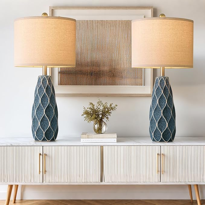 27.5" Ceramic Table Lamps for Living Room Bedroom Lamps Set of 2 Modern Boho Bedside Lamps Night Stands Farmhouse Vintage Large Nightstand Lamp Reading Light Home Office Dorm Desk Deco Gifts, Blue