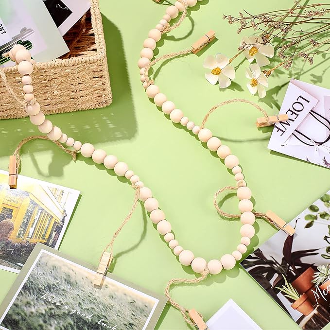 Wall Hanging Photo Display with Wooden Beads Garland 4 Feet Boho Collage Picture Frame DIY Picture Photo Frame Set with 9 Wood Clips for Rustic Country Home, Office Nursery Room Decoration(2 Pieces)
