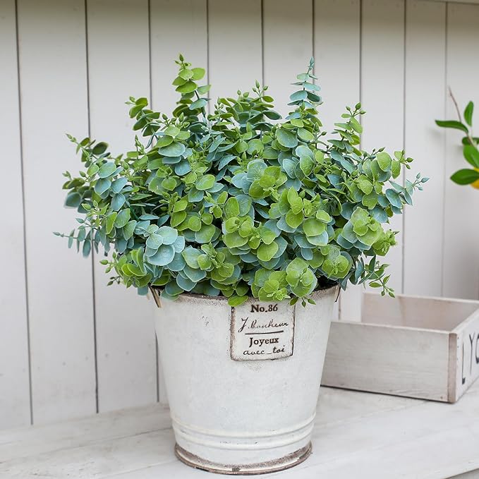 Artificial Fall Eucalyptus Plant – 8PCS Outdoor Fake Greenery, UV Resistant Fake Plants for Porch, Patio, Thanksgiving or Autumn Home Decor - Dusty Green Leaves