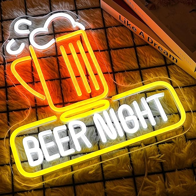 Beer Night Neon Sign for Man Cave Bar Decor Yellow White Beer Neon Light Bar Neon Sign Wall Art for Bedroom Beer Pub Man Cave Restaurant Party Decor