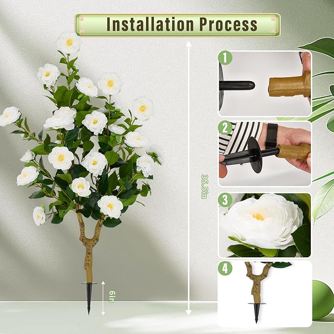 Romantic Season 2Pack 36" Artificial Camellia Tree with Ground Spike - White Faux UV Resistant Blooming Bush, Lifelike Camellia Flowers for Indoor Outdoor Decor, Perfect for Wedding
